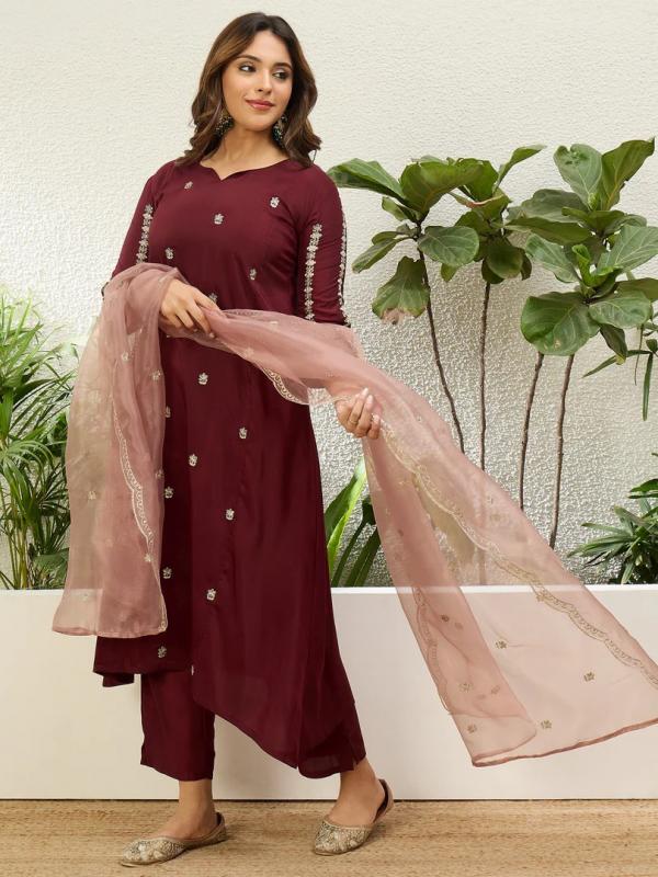 VP 9860 M Women's Maroon Embroidered Straight Kurta Pant Set with Dupatta